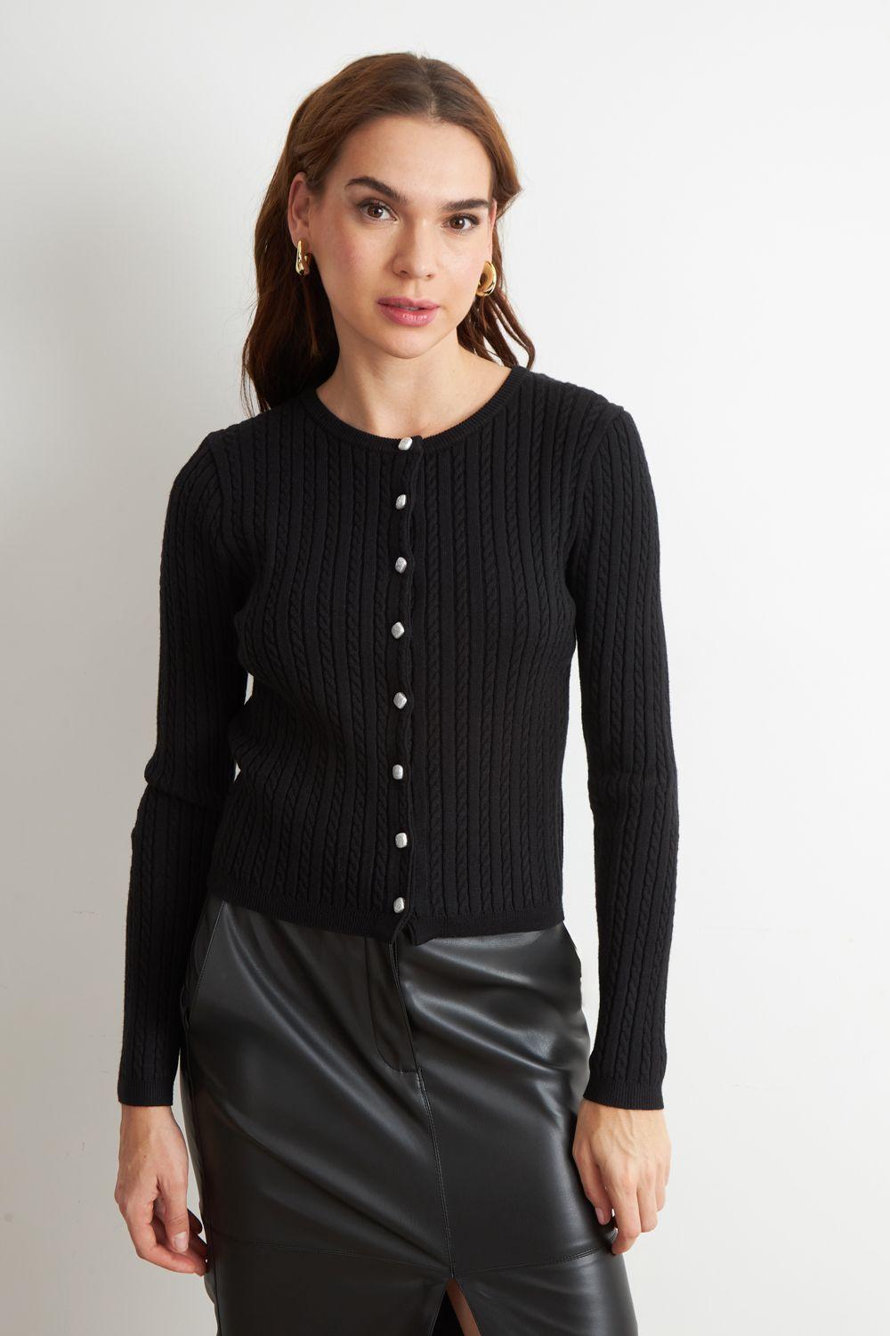 Cárdigan Trenzado Cuello Redondo Negro Nicopoly-4