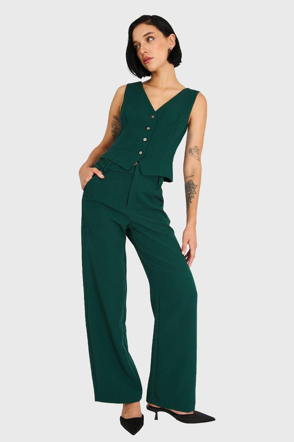 Pantalón Pierna Ancha Con Pasador Verde Oscuro Nicopoly-1