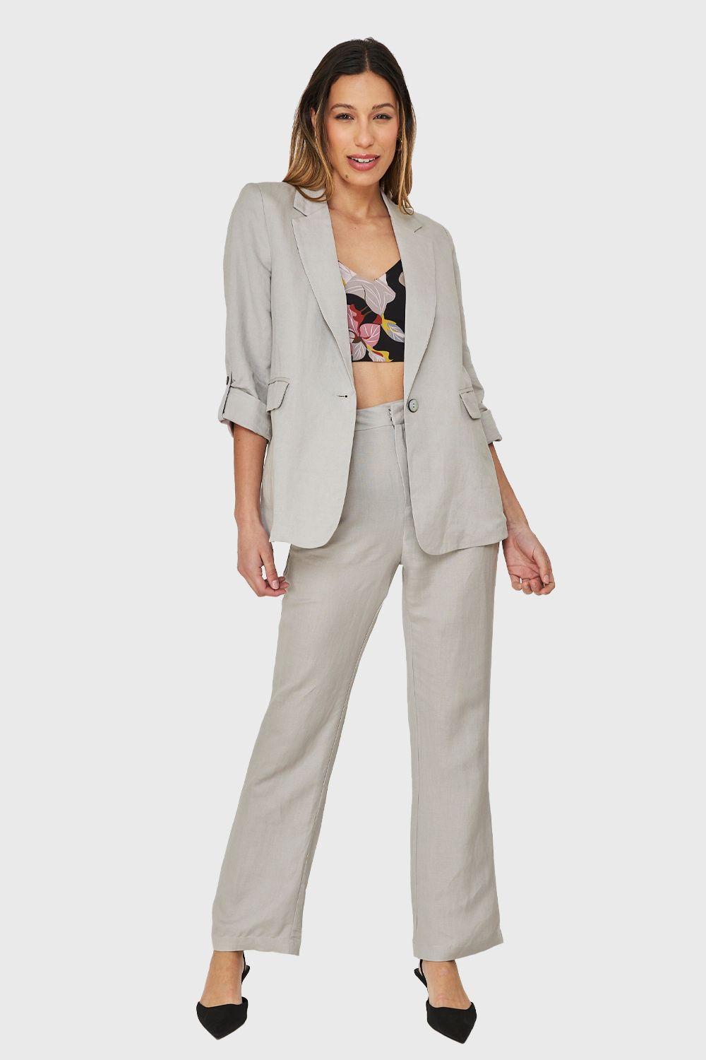 Blazer Tipo Lino Manga 3/4 Ajustable Gris Nicopoly-1