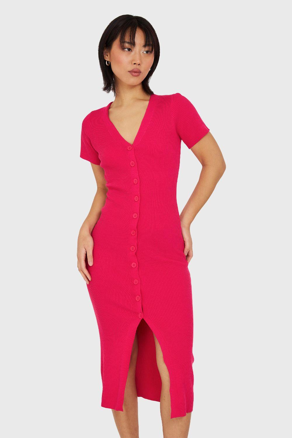 Vestido Acanalado Con Botones Fucsia Nicopoly-0