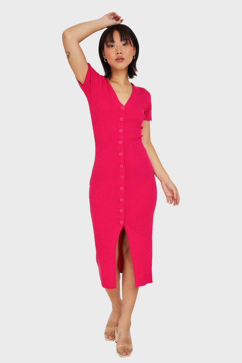 Vestido Acanalado Con Botones Fucsia Nicopoly-1