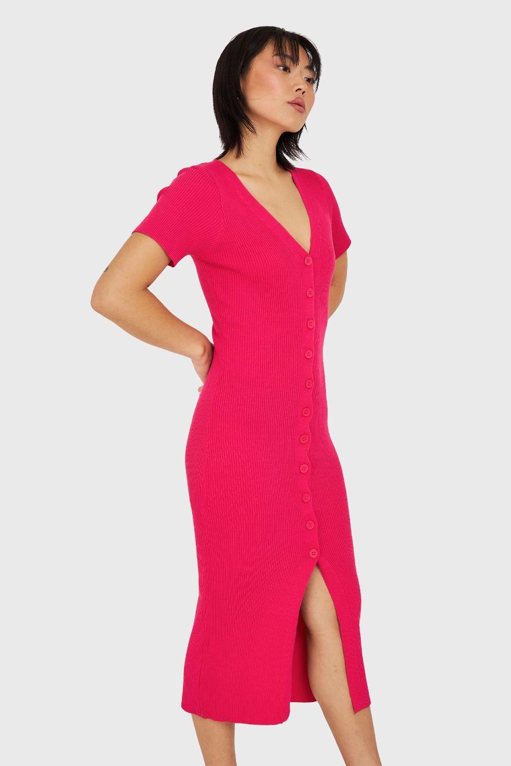 Vestido Acanalado Con Botones Fucsia Nicopoly-2