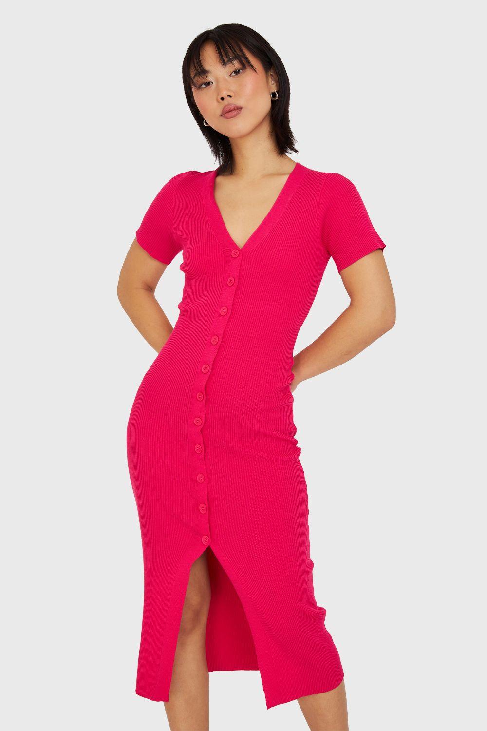 Vestido Acanalado Con Botones Fucsia Nicopoly-4