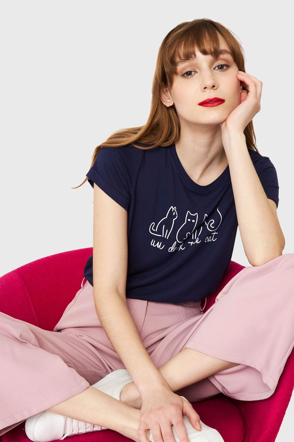 Polera Estampado Gatos Azul Marino Nicopoly-0