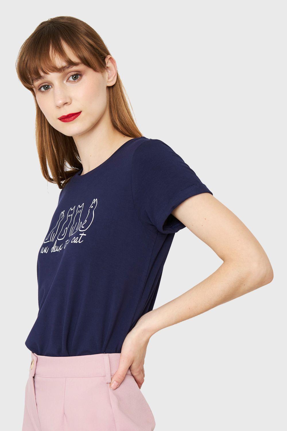 Polera Estampado Gatos Azul Marino Nicopoly-2
