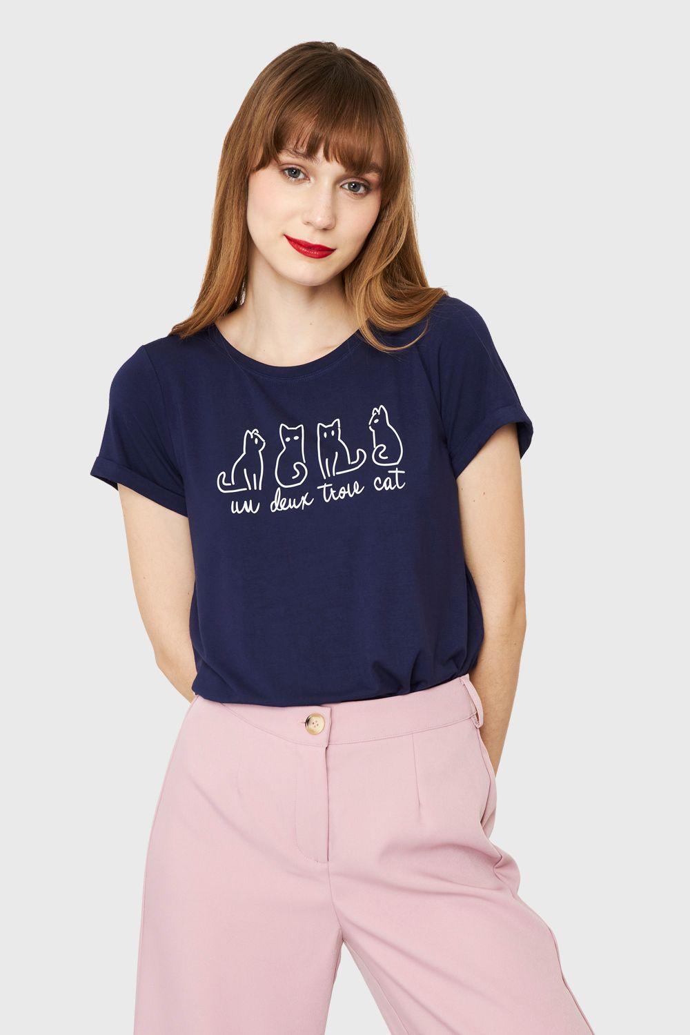Polera Estampado Gatos Azul Marino Nicopoly-4
