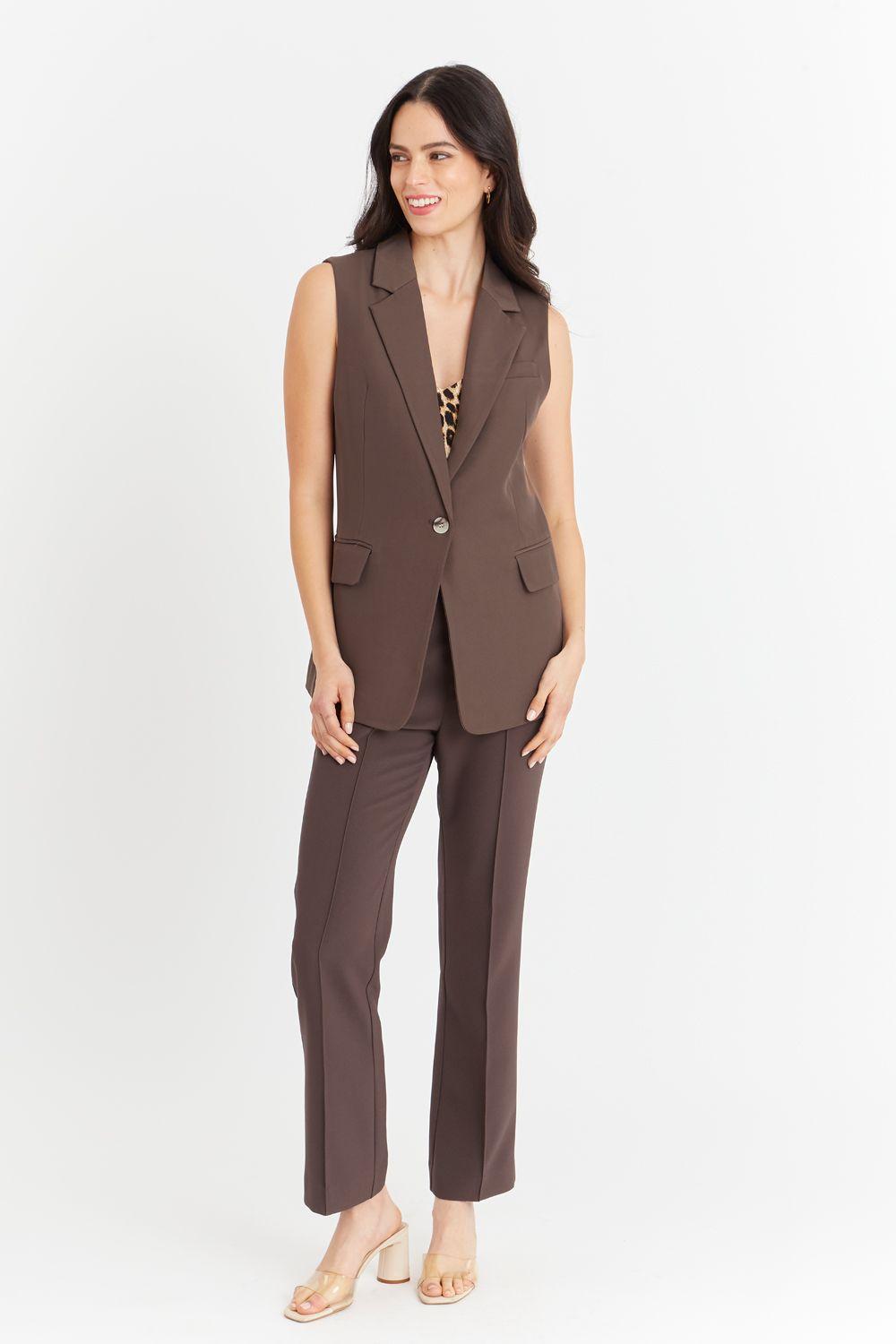 Blazer Sin Mangas Bolsillos Café Nicopoly-1
