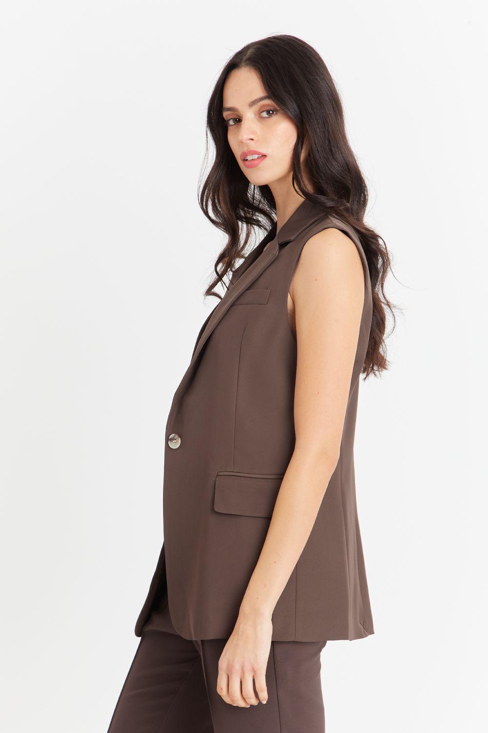 Blazer Sin Mangas Bolsillos Café Nicopoly-2
