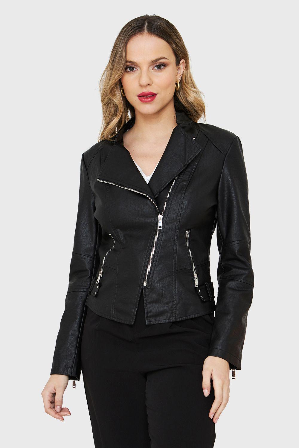 Chaqueta Cuello Mao Ecocuero Cierre Diagonal Negro Nicopoly-0