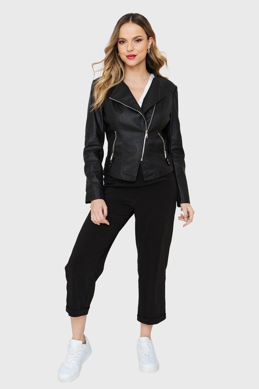 Chaqueta Cuello Mao Ecocuero Cierre Diagonal Negro Nicopoly-1