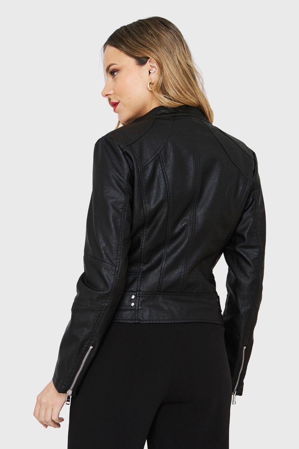 Chaqueta Cuello Mao Ecocuero Cierre Diagonal Negro Nicopoly-3