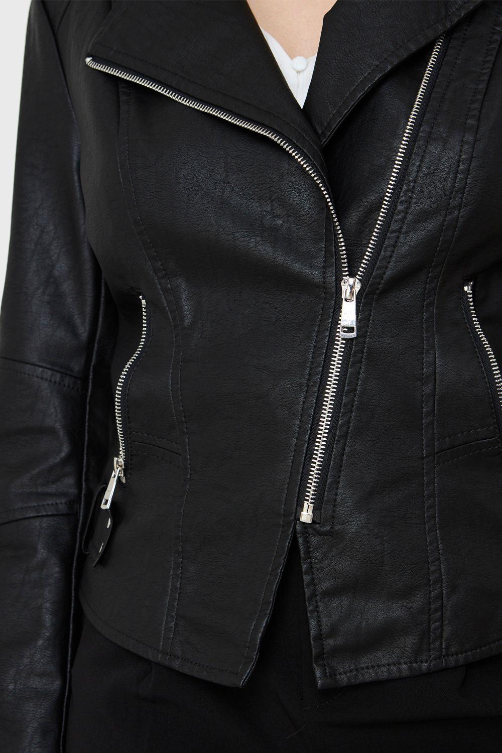 Chaqueta Cuello Mao Ecocuero Cierre Diagonal Negro Nicopoly-5
