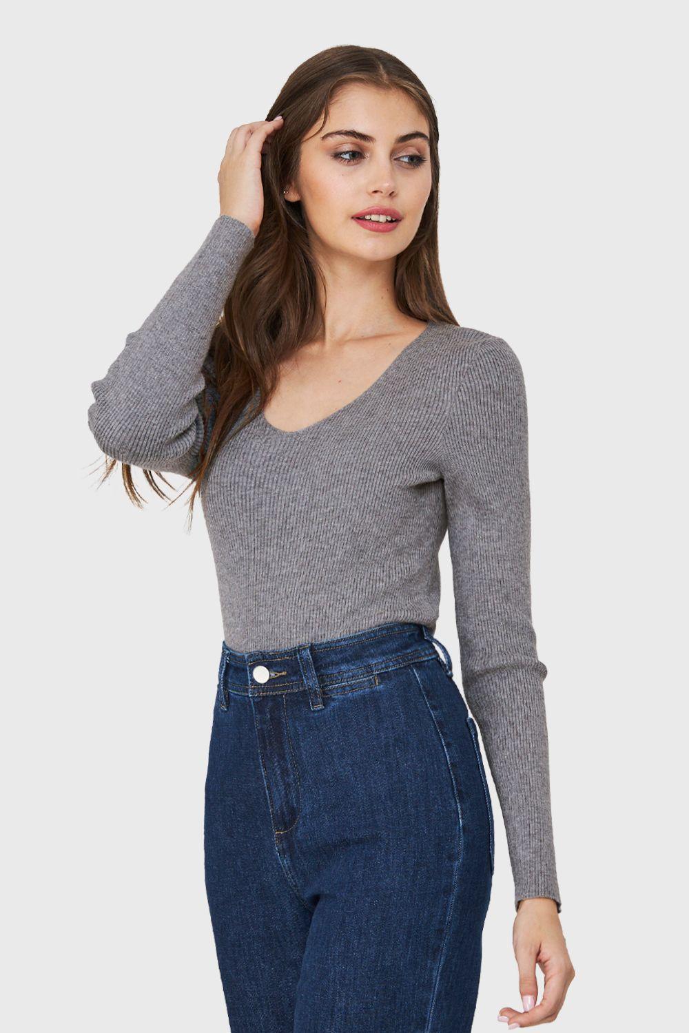 Sweater De Punto Acanalada V Gris Nicopoly-2