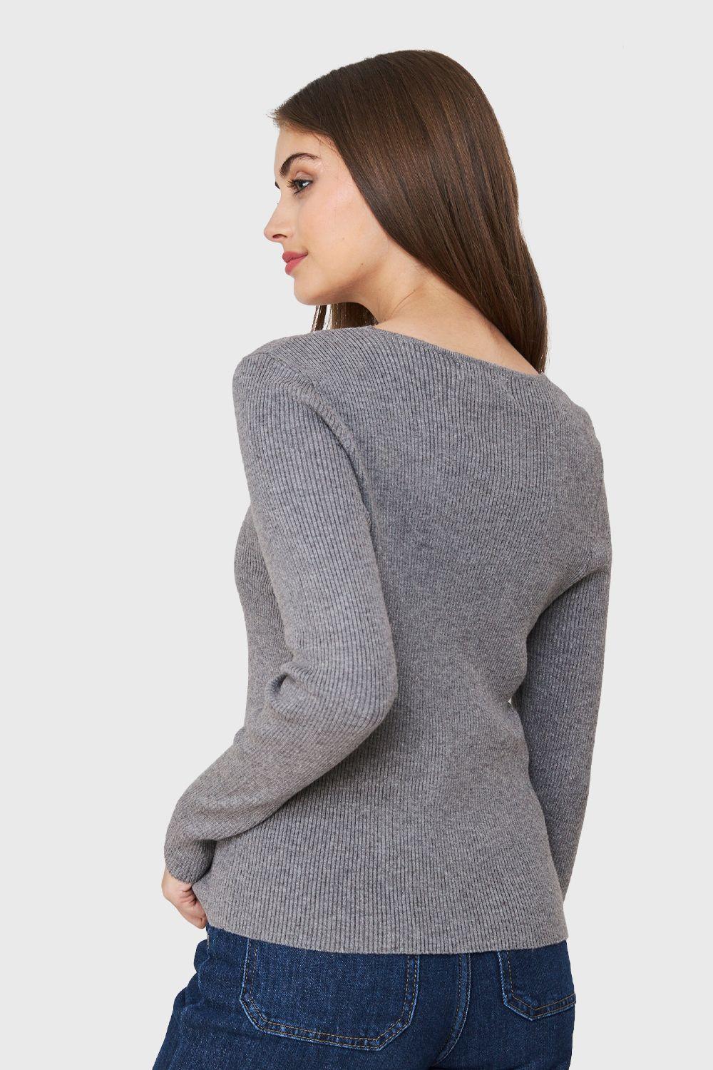 Sweater De Punto Acanalada V Gris Nicopoly-3