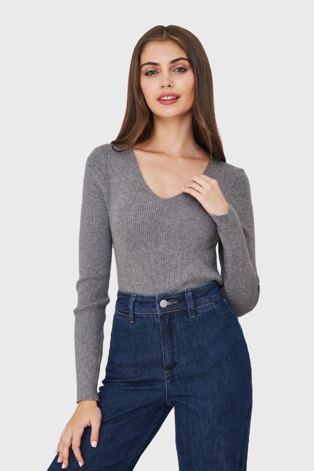 Sweater De Punto Acanalada V Gris Nicopoly-4