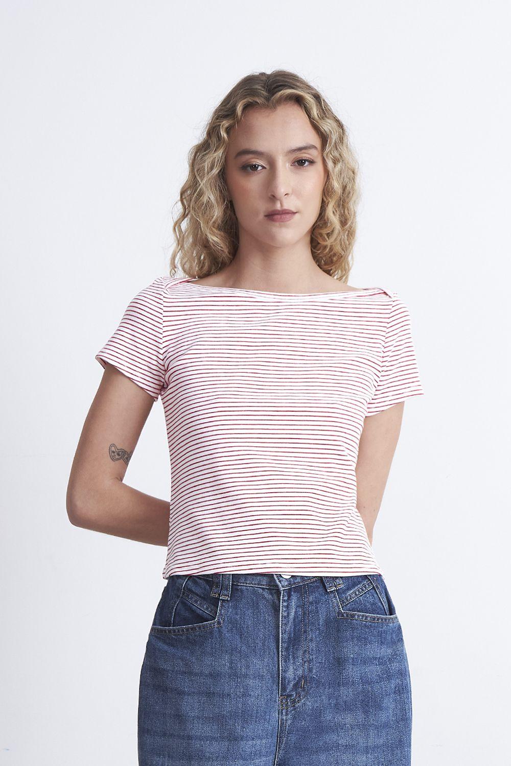 Polera Rayas Horizontales Cuello Bote Rojo Nicopoly-5