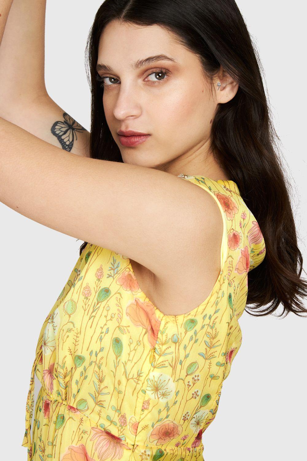 Vestido Amapolas Cuello Mao Amarillo Nicopoly-4