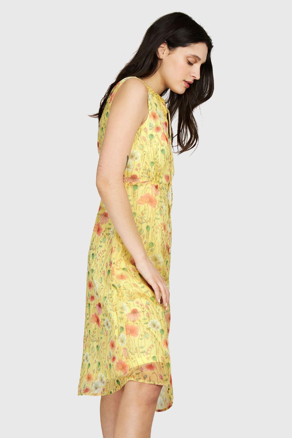 Vestido Amapolas Cuello Mao Amarillo Nicopoly-2