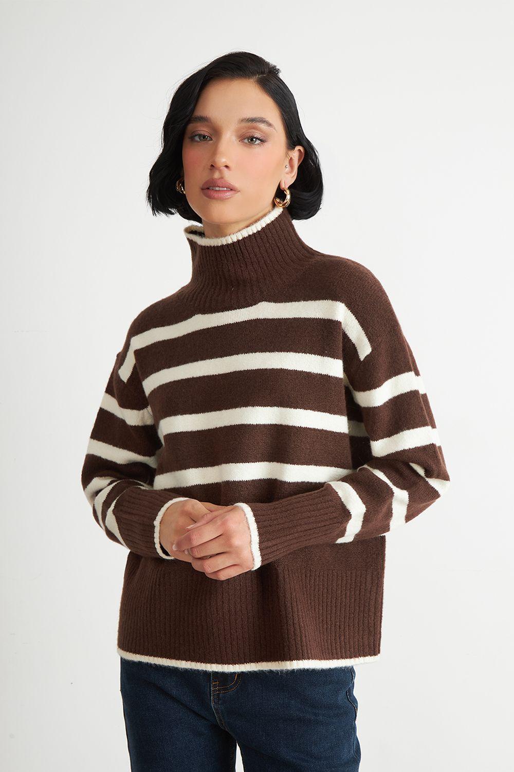 Sweater Cuello Alto Rayas Horizontales Mocca Nicopoly-0