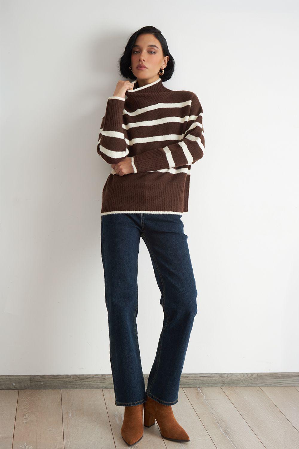 Sweater Cuello Alto Rayas Horizontales Mocca Nicopoly-1