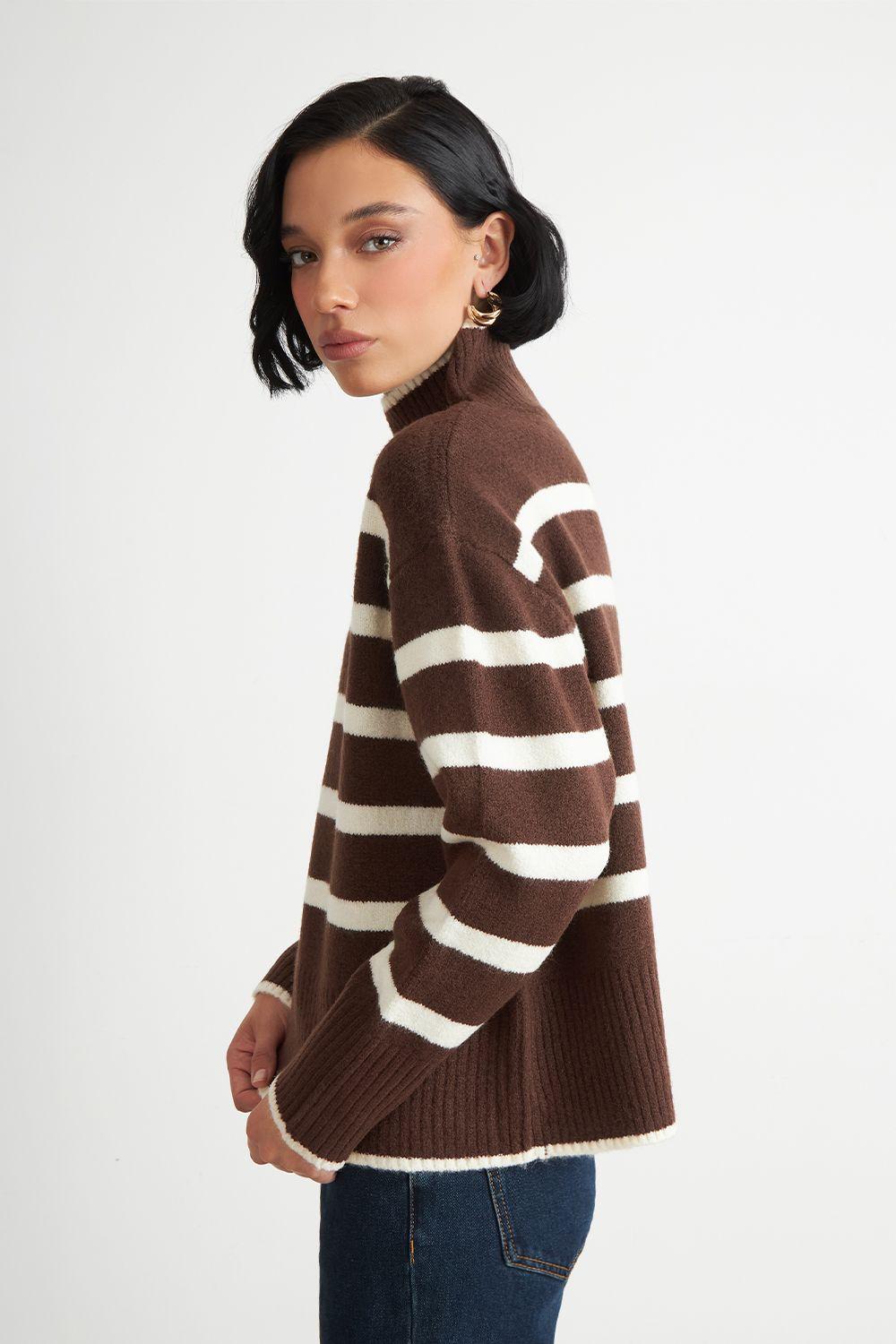 Sweater Cuello Alto Rayas Horizontales Mocca Nicopoly-2