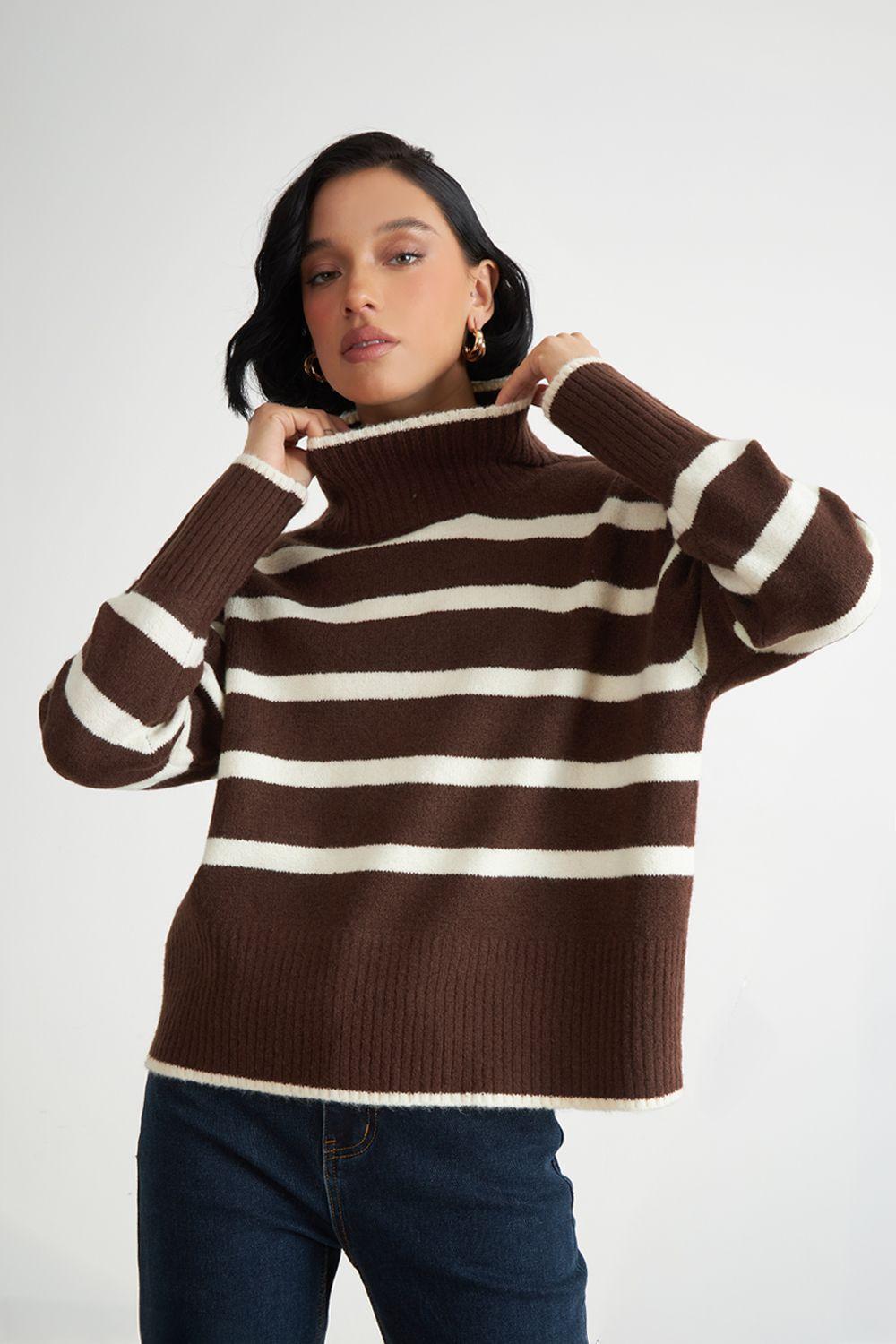 Sweater Cuello Alto Rayas Horizontales Mocca Nicopoly-4