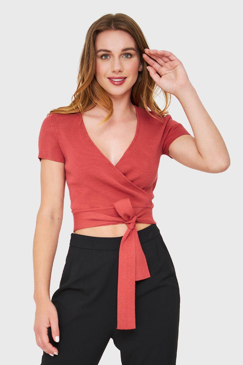 Crop Top Escote Cruzado Coral Nicopoly-0