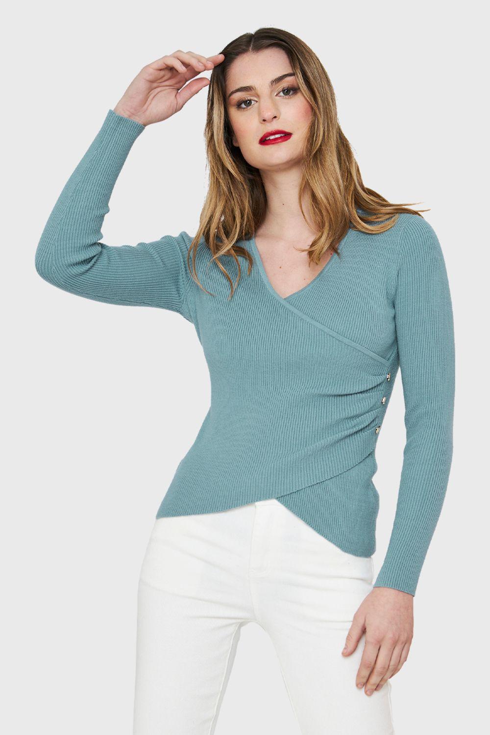 Polera Canalé Botones Decorativos Celeste Nicopoly-0