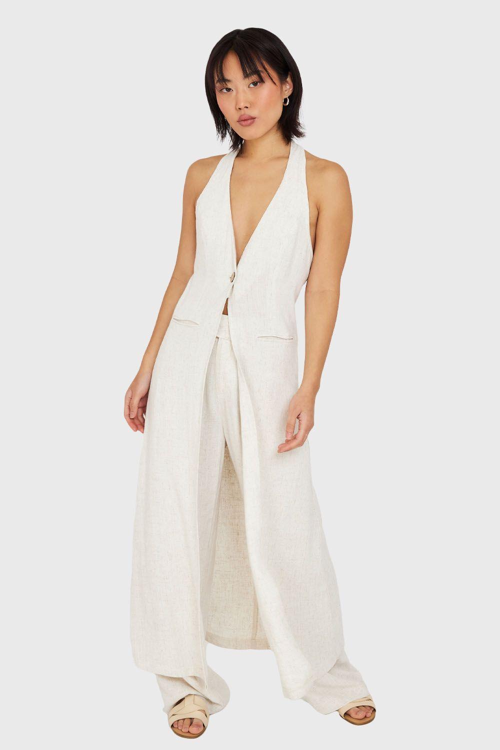 Tapado Escote En V Mezcla Lino Crudo Nicopoly-1