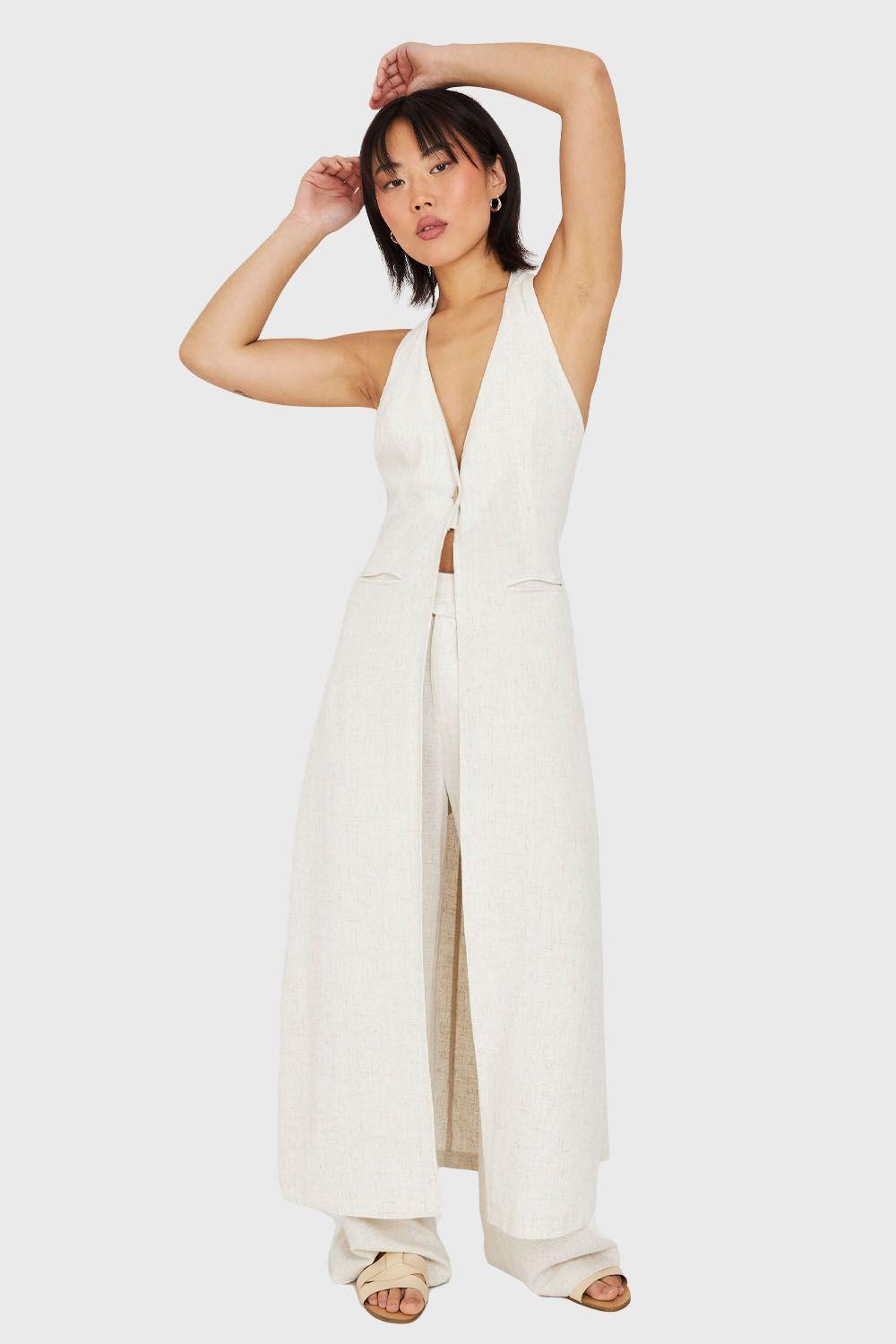 Tapado Escote En V Mezcla Lino Crudo Nicopoly-4