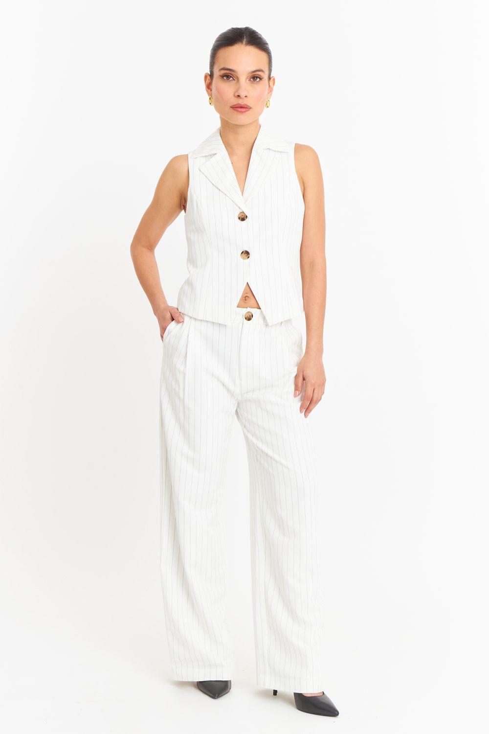 Pantalón de Pierna Recta Raya Diplomática Blanco Nicopoly-1