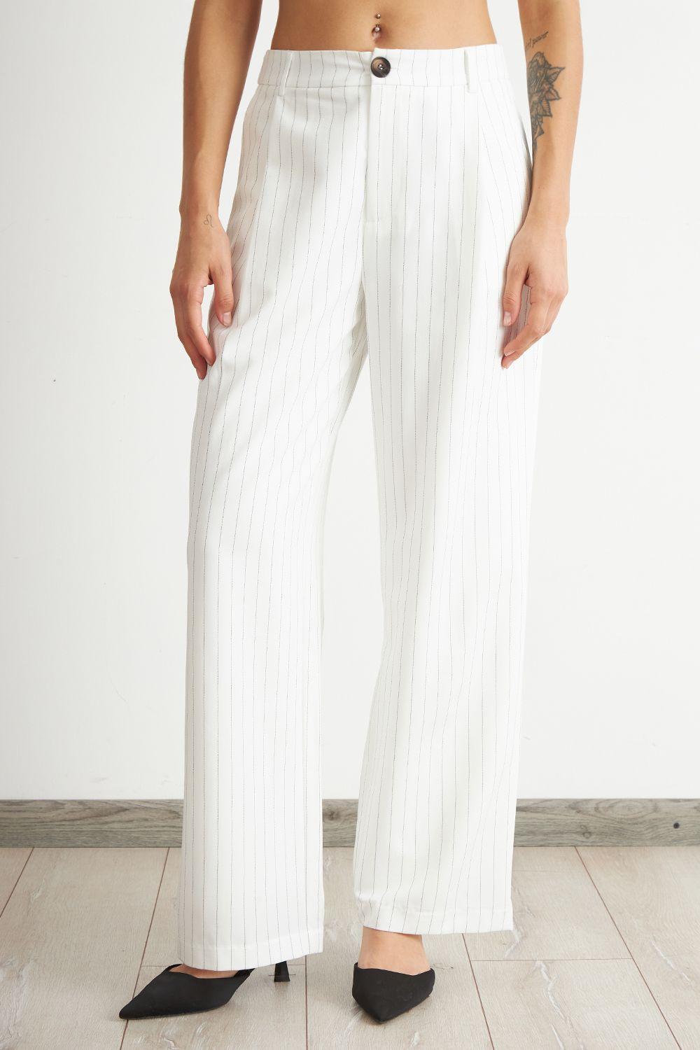 Pantalón de Pierna Recta Raya Diplomática Blanco Nicopoly-0