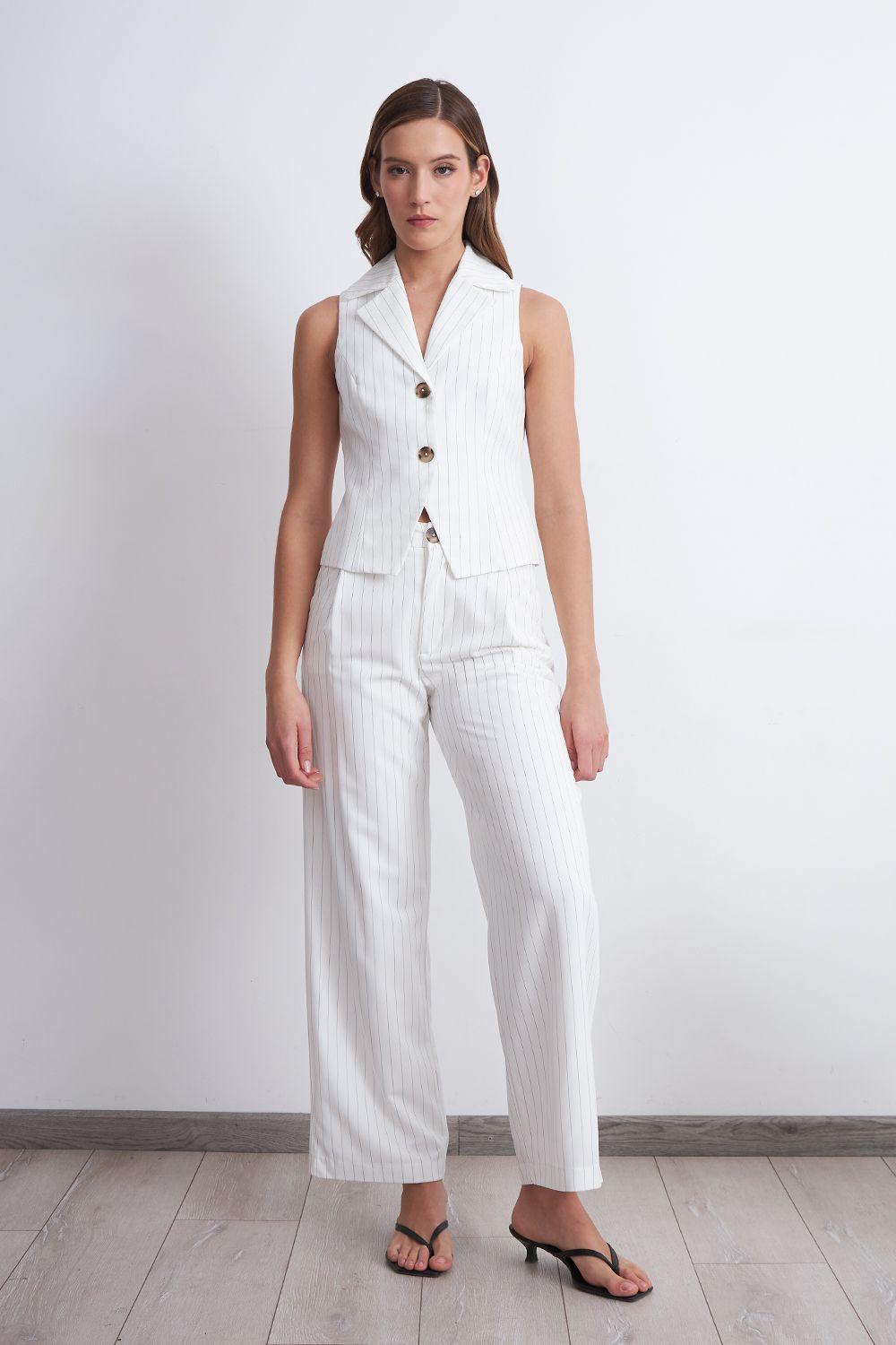Pantalón de Pierna Recta Raya Diplomática Blanco Nicopoly-0