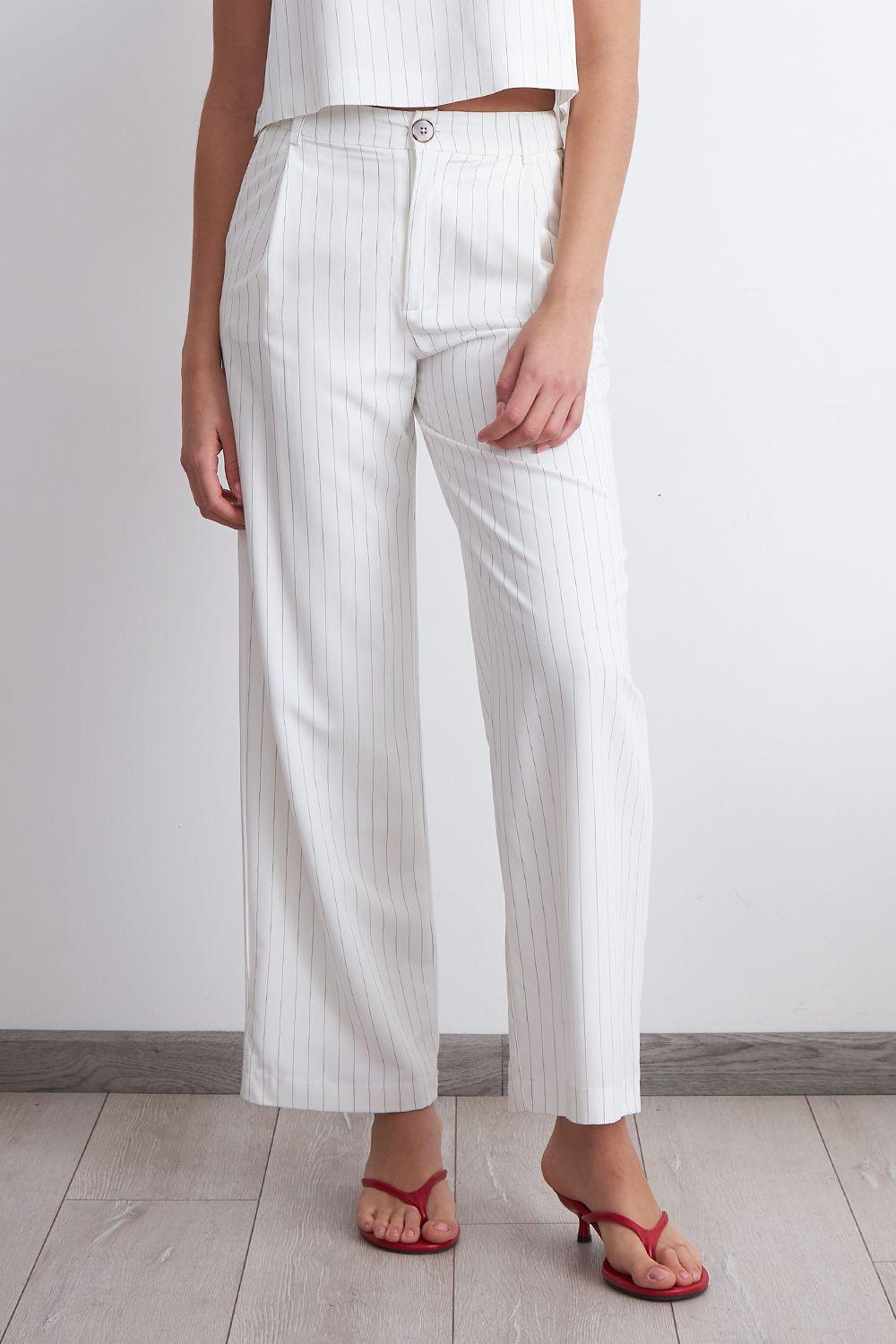 Pantalón de Pierna Recta Raya Diplomática Blanco Nicopoly-1