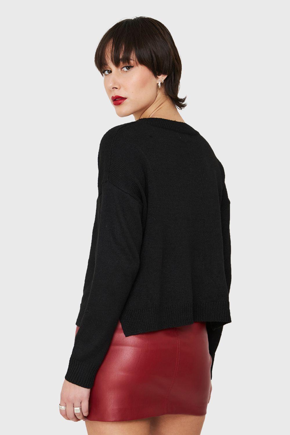 Sweater Escote Lace Up Negro Nicopoly-3