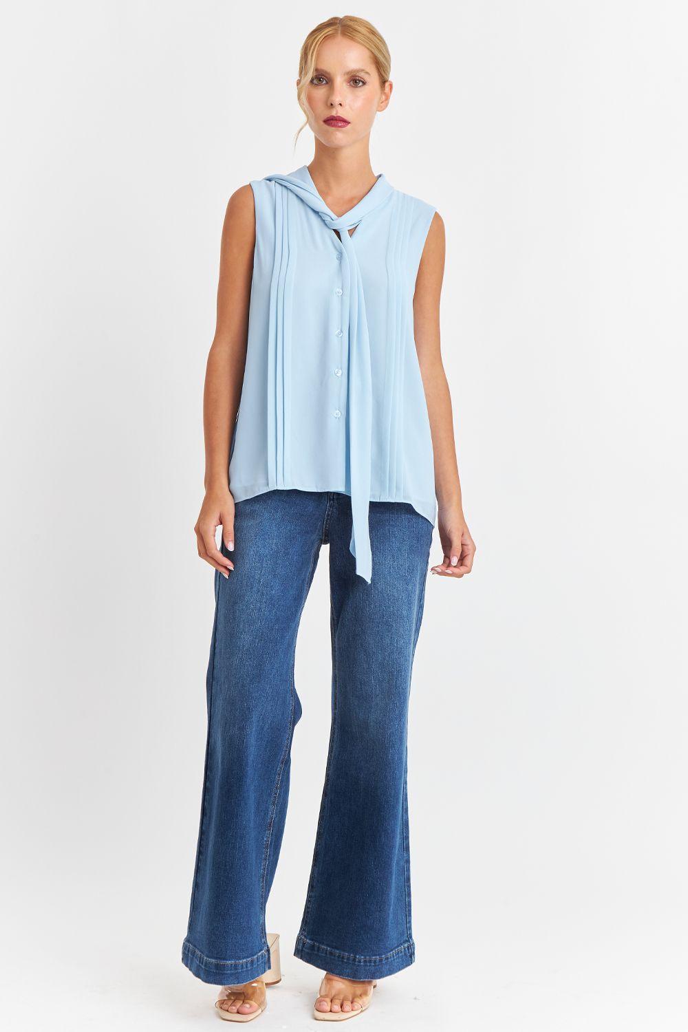 Blusa Cuello Tipo Corbata Celeste Nicopoly-1