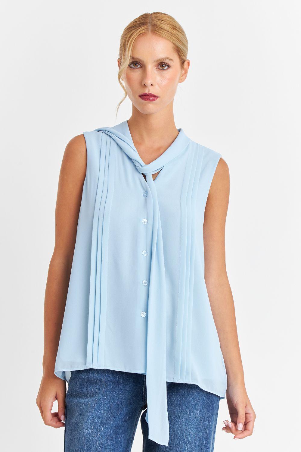 Blusa Cuello Tipo Corbata Celeste Nicopoly-4