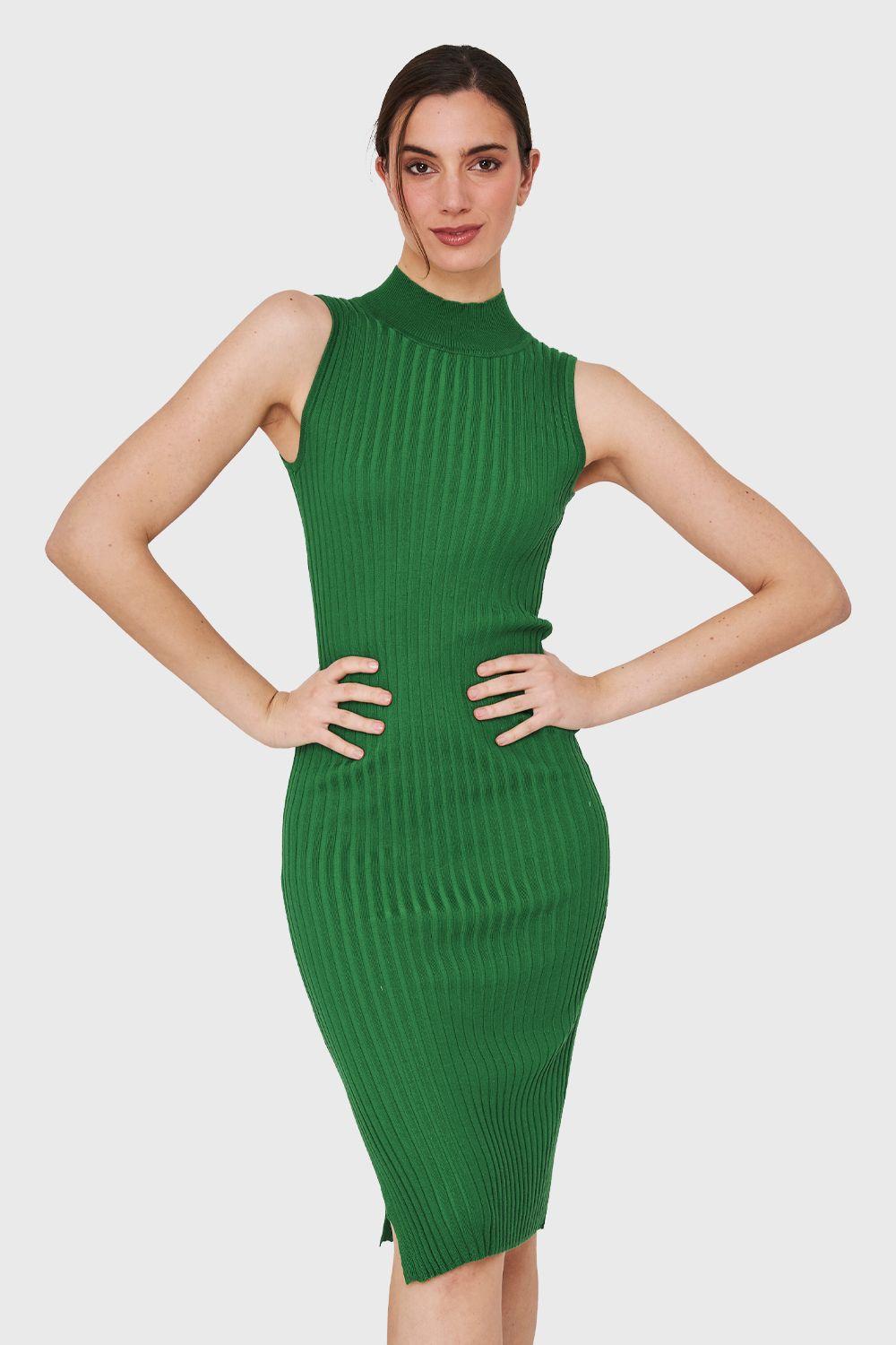 Vestido Acanalado Cuello Alto Verde Nicopoly-0