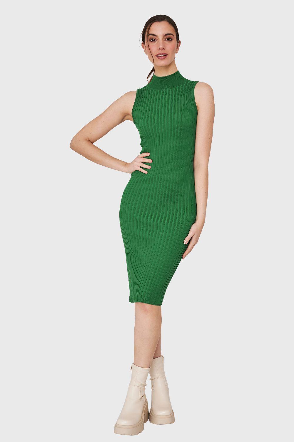 Vestido Acanalado Cuello Alto Verde Nicopoly-1