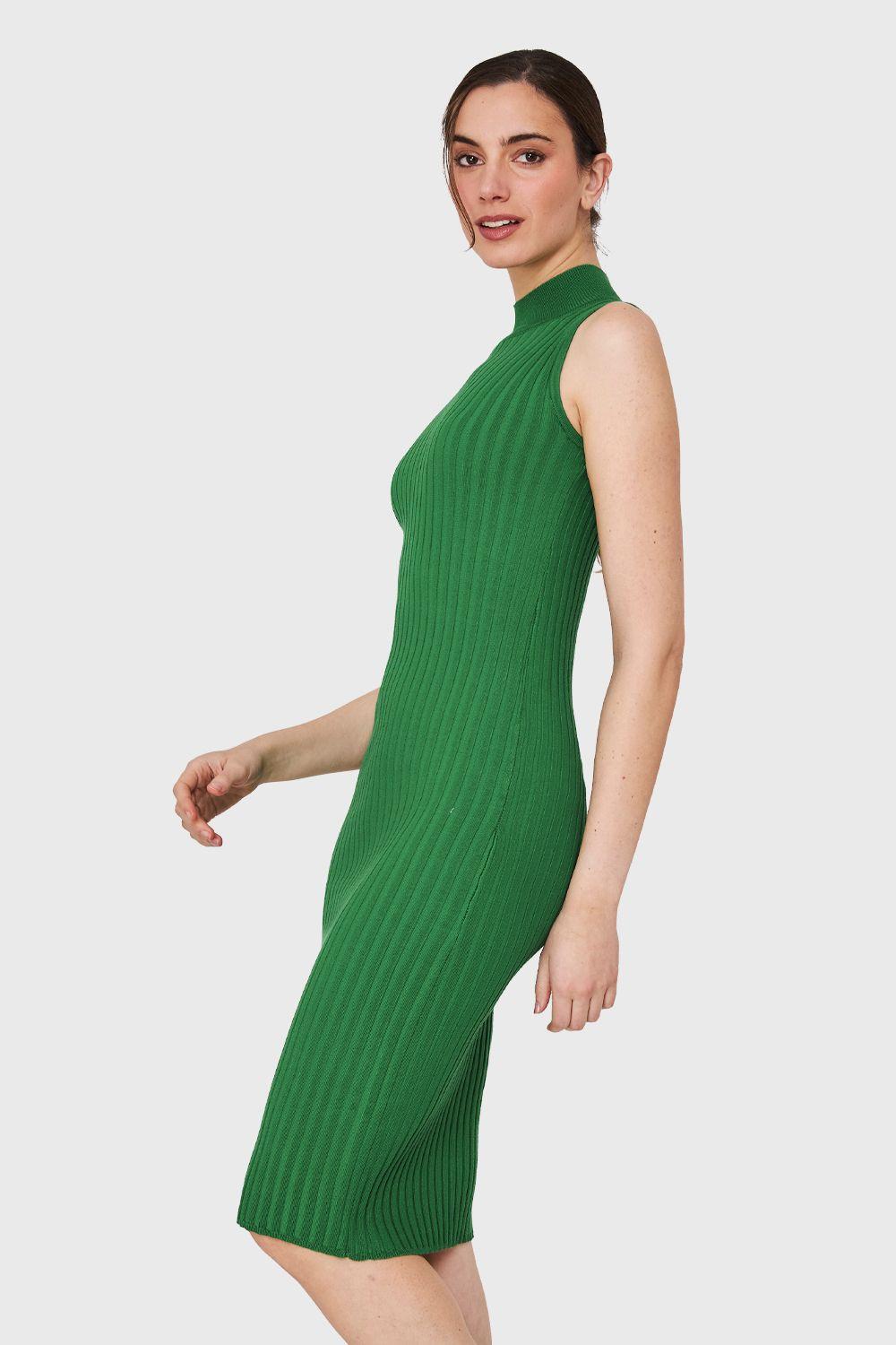 Vestido Acanalado Cuello Alto Verde Nicopoly-2