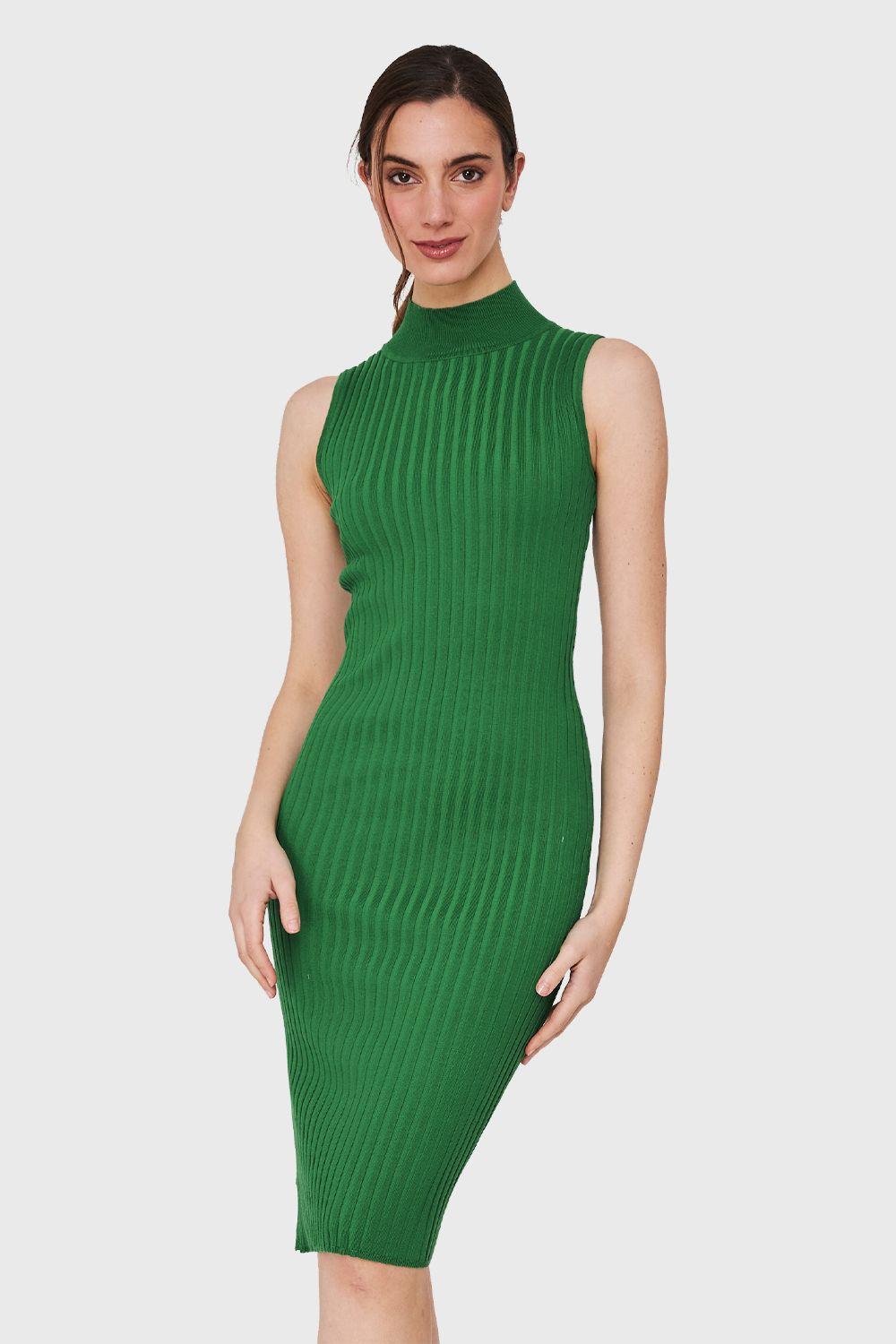 Vestido Acanalado Cuello Alto Verde Nicopoly-4