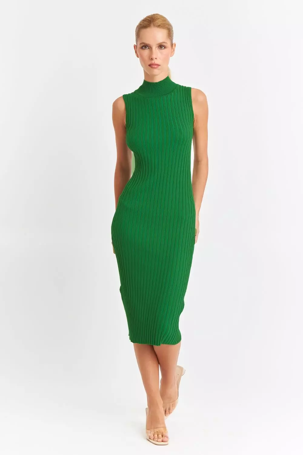 Vestido Acanalado Cuello Alto Verde Nicopoly-1