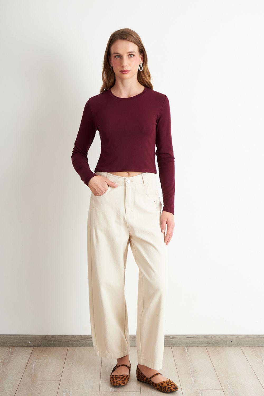 Polera Manga Larga Crop Burdeo Nicopoly-1