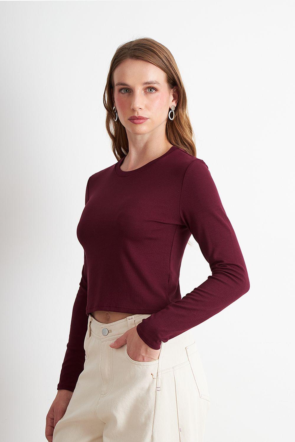 Polera Manga Larga Crop Burdeo Nicopoly-2