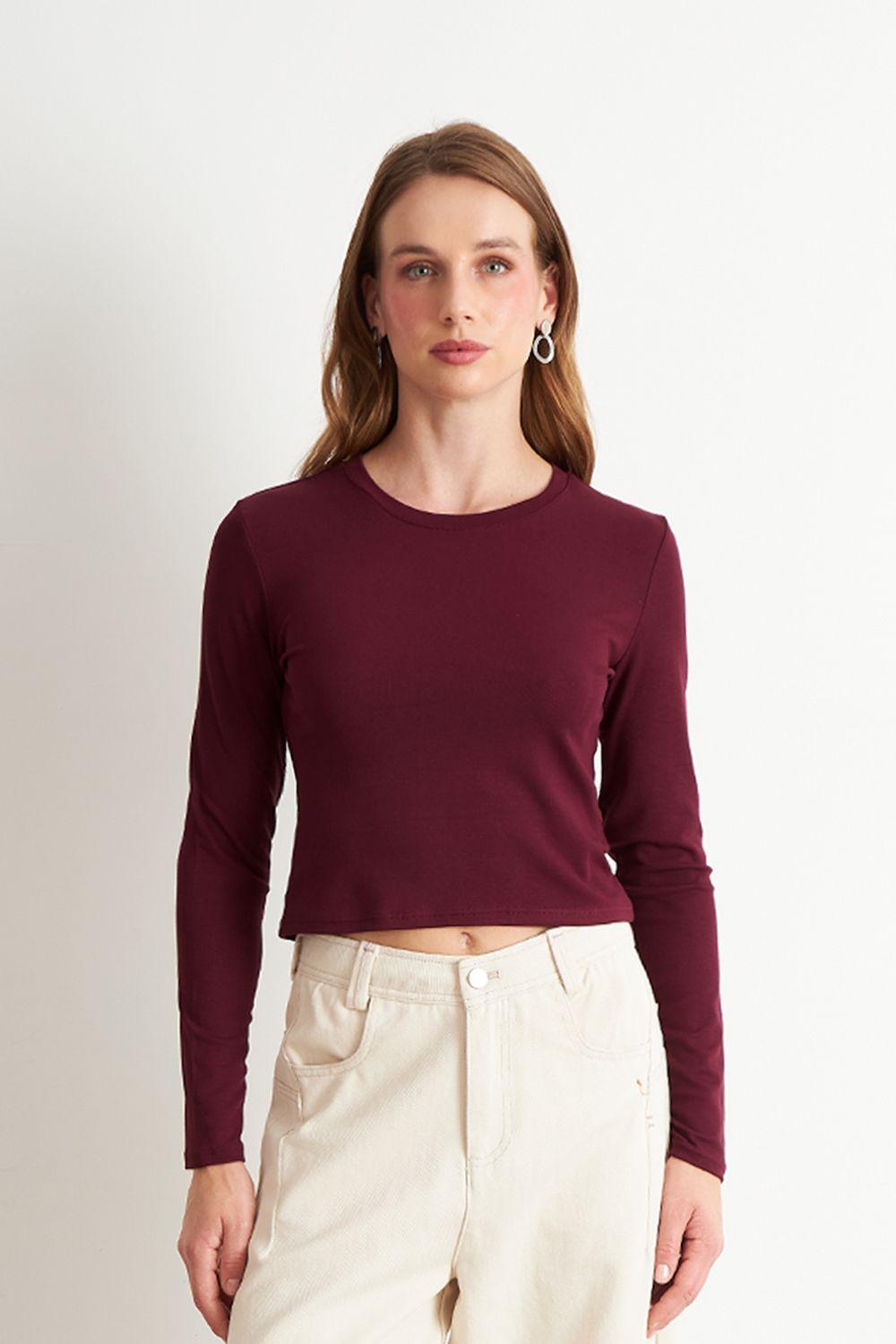 Polera Manga Larga Crop Burdeo Nicopoly-4