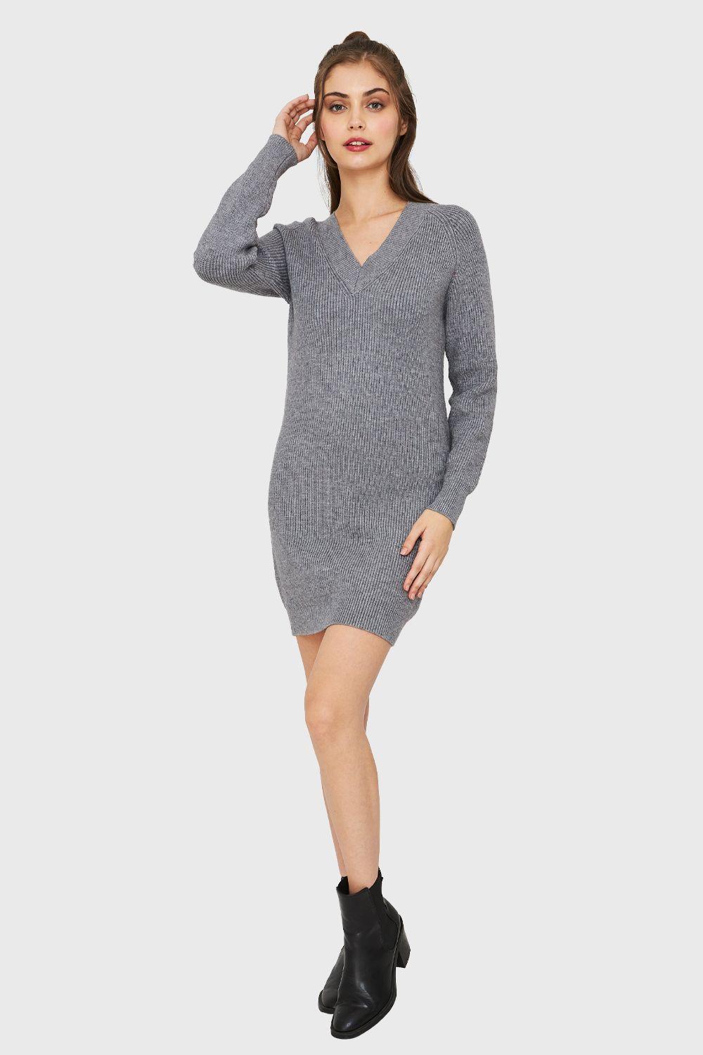Sweater Vestido Cuello V Gris Oscuro Nicopoly-1