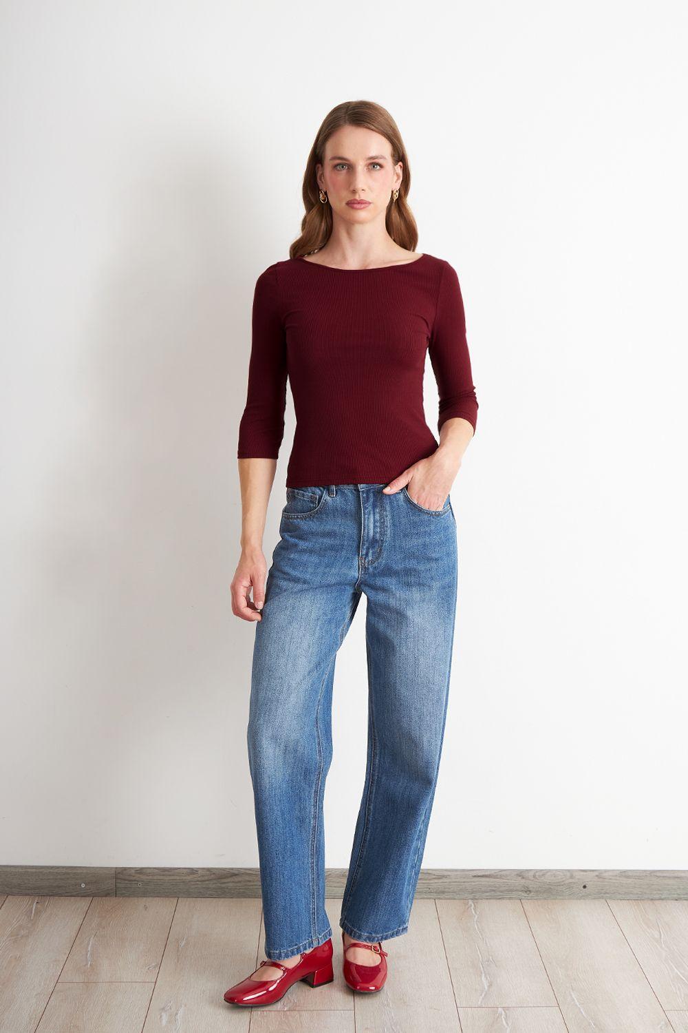 Polera Manga 3/4 Cuello Bote Burdeo Nicopoly-1