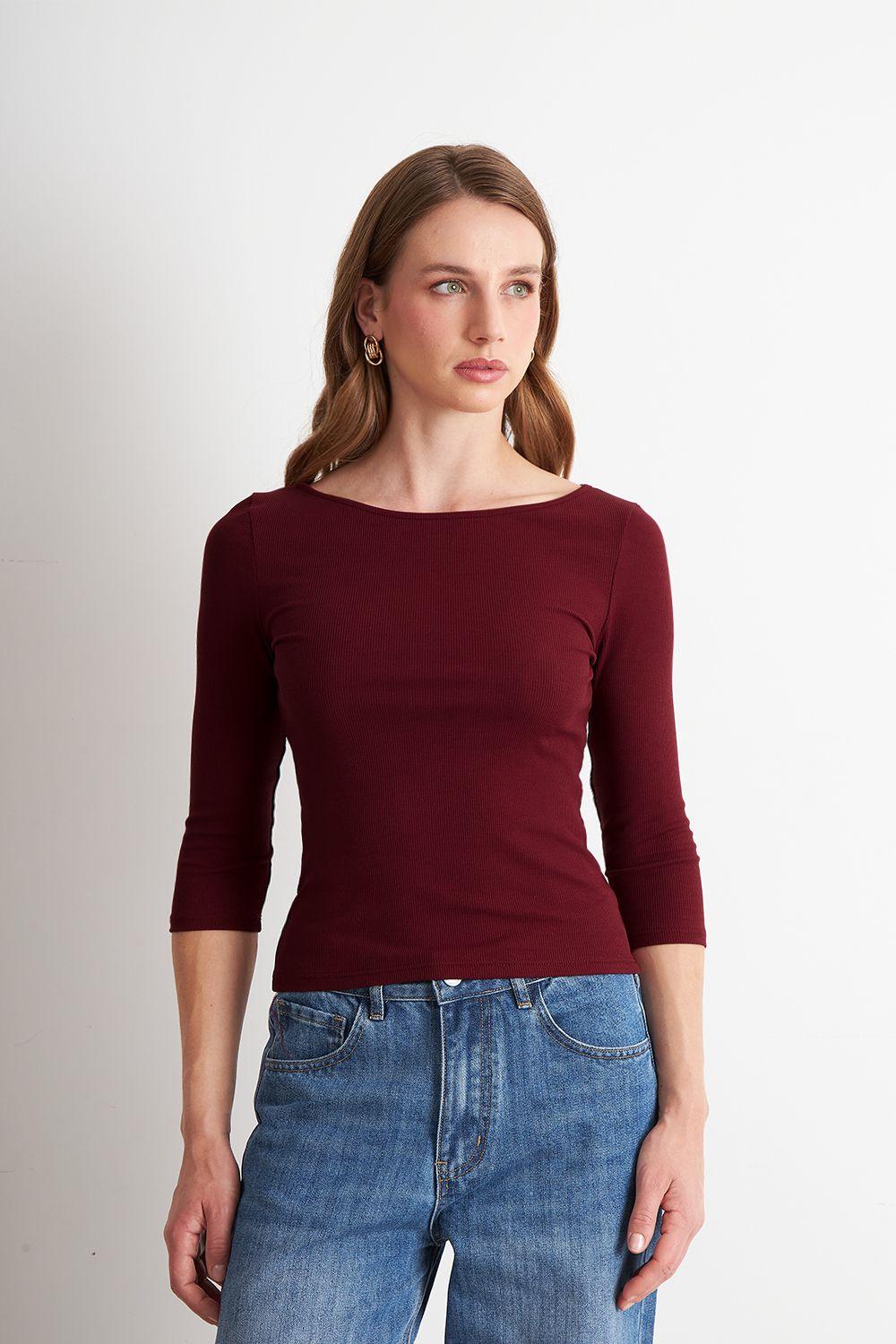 Polera Manga 3/4 Cuello Bote Burdeo Nicopoly-4