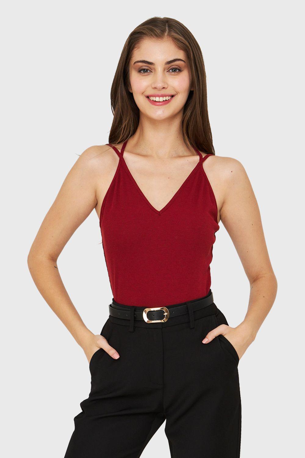 Body Escote V Acanalado Burdeos Nicopoly-4