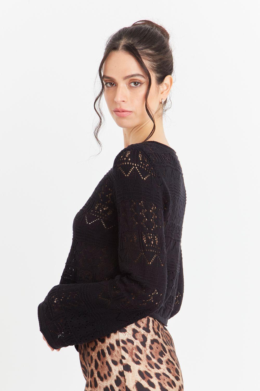 Cárdigan Tipo Crochet Hilo Negro Nicopoly-2